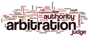 Image of Word Cloud regarding Arbitration, including judge, law, authority, justice, legal, and legislation.